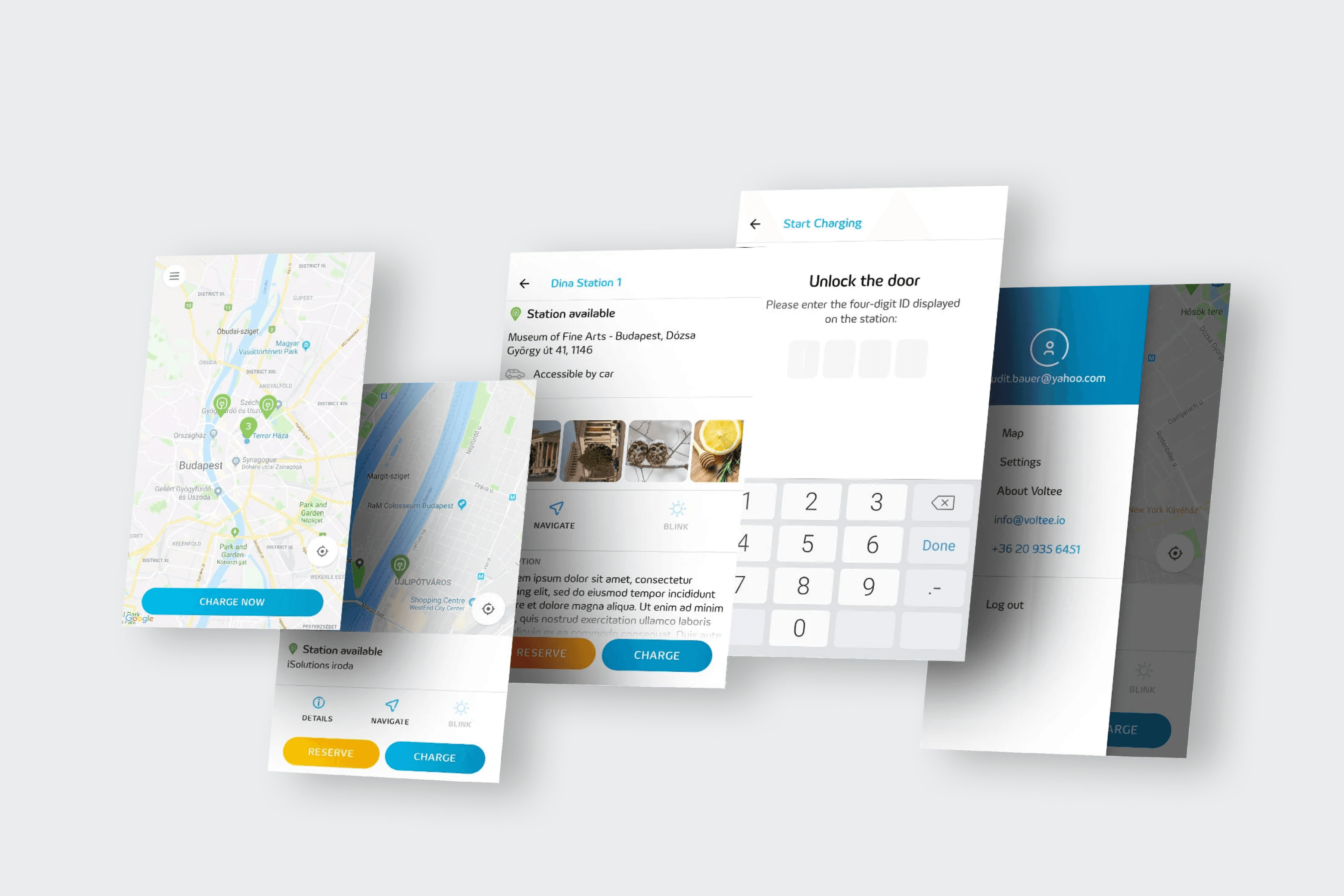 multiple screens from the Voltee application